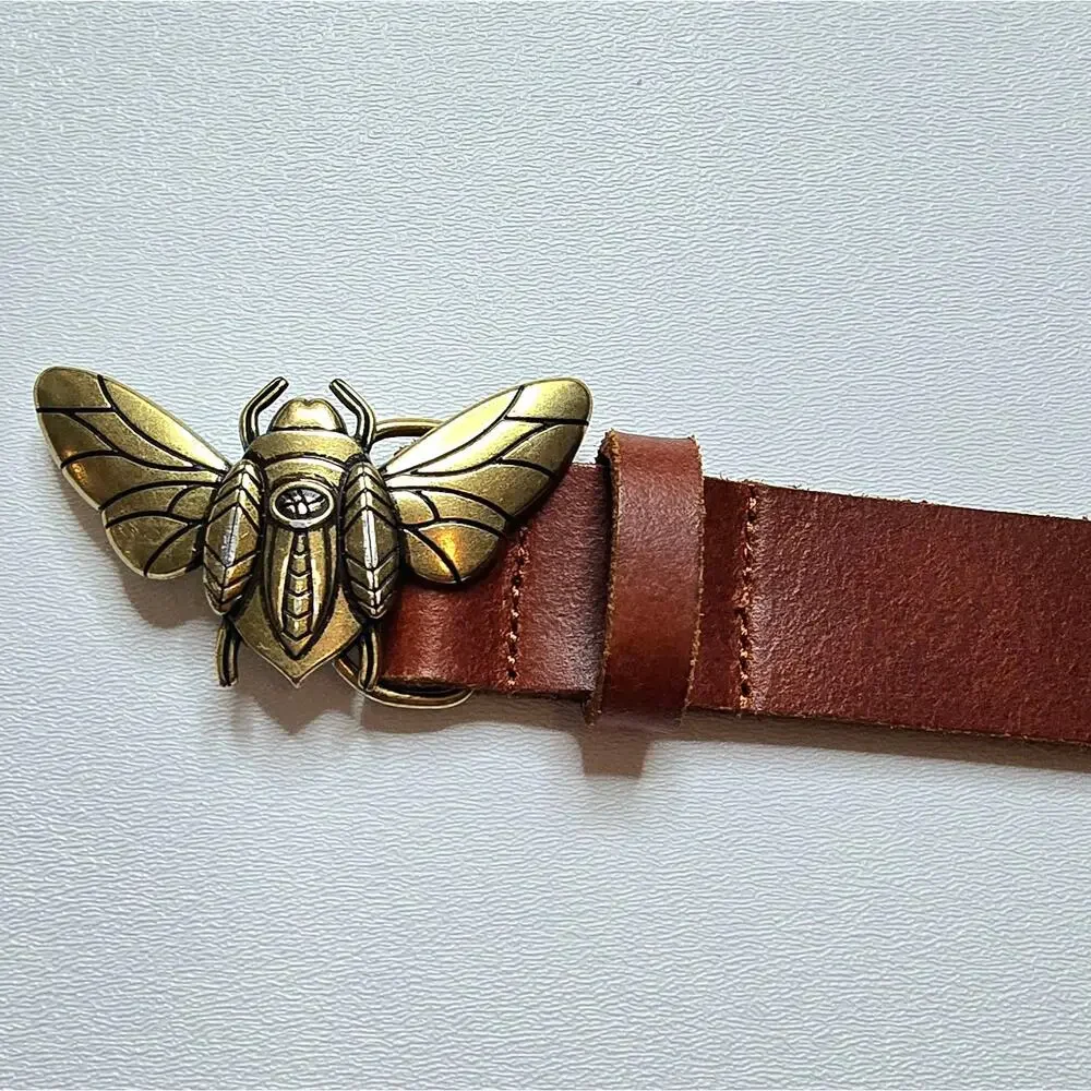 Genuine Leather Brown Belt Brass Cicada Bee Bug Buckle Womens Size M
